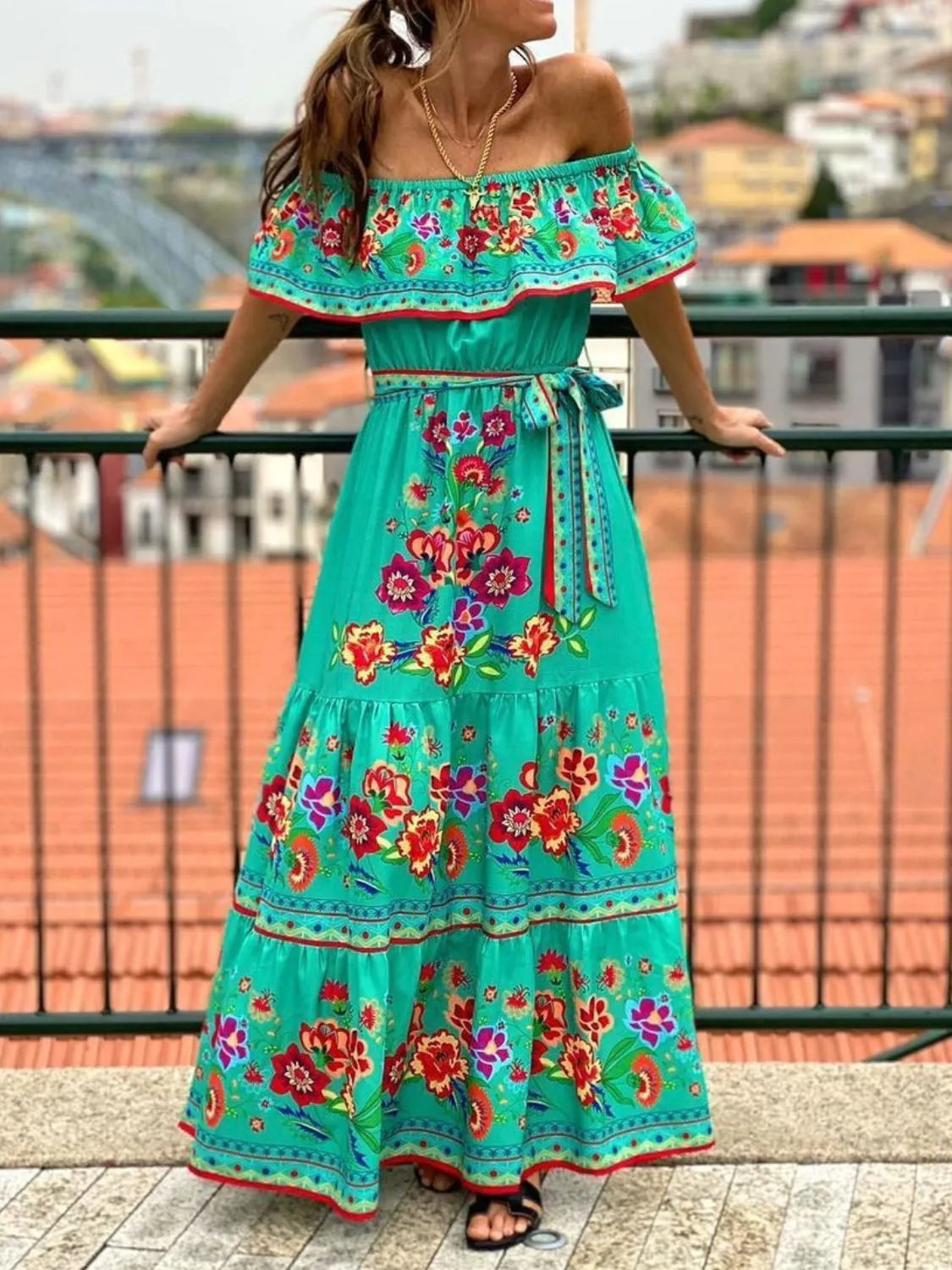 Floral Off Shoulder Ruffle Maxi Dress