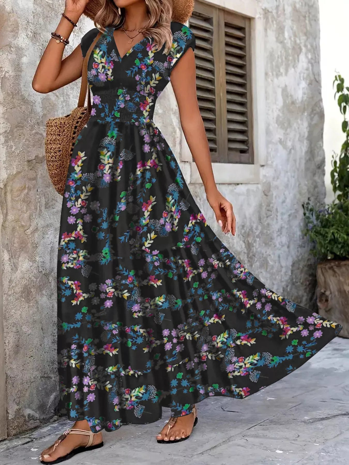 Plus Size Floral V-Neck Cap Sleeve Maxi Dress
