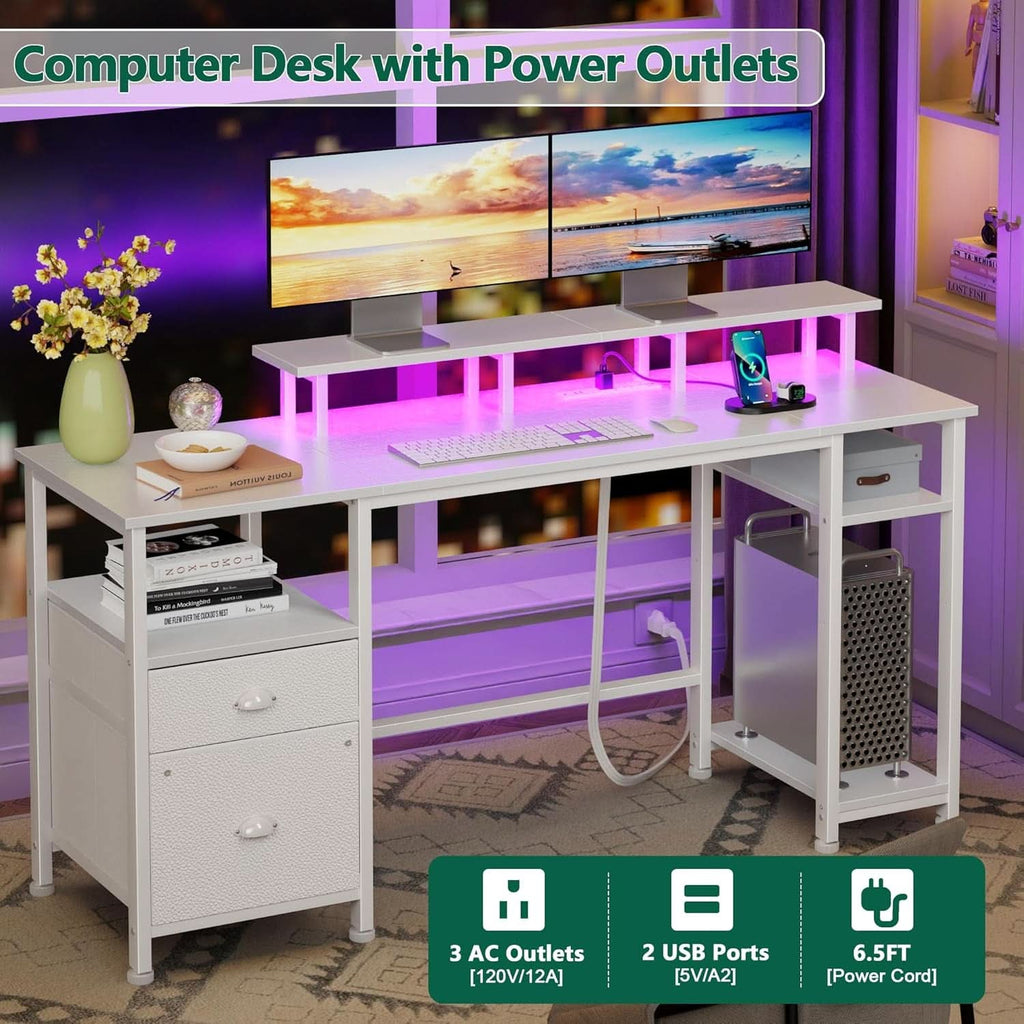 Sixty One Inch Computer Desk LED Illumination White Finish