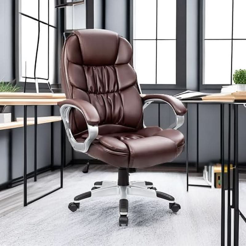 Sillón de oficina ergonómico con respaldo alto, lumbar, de cuero sintético marrón