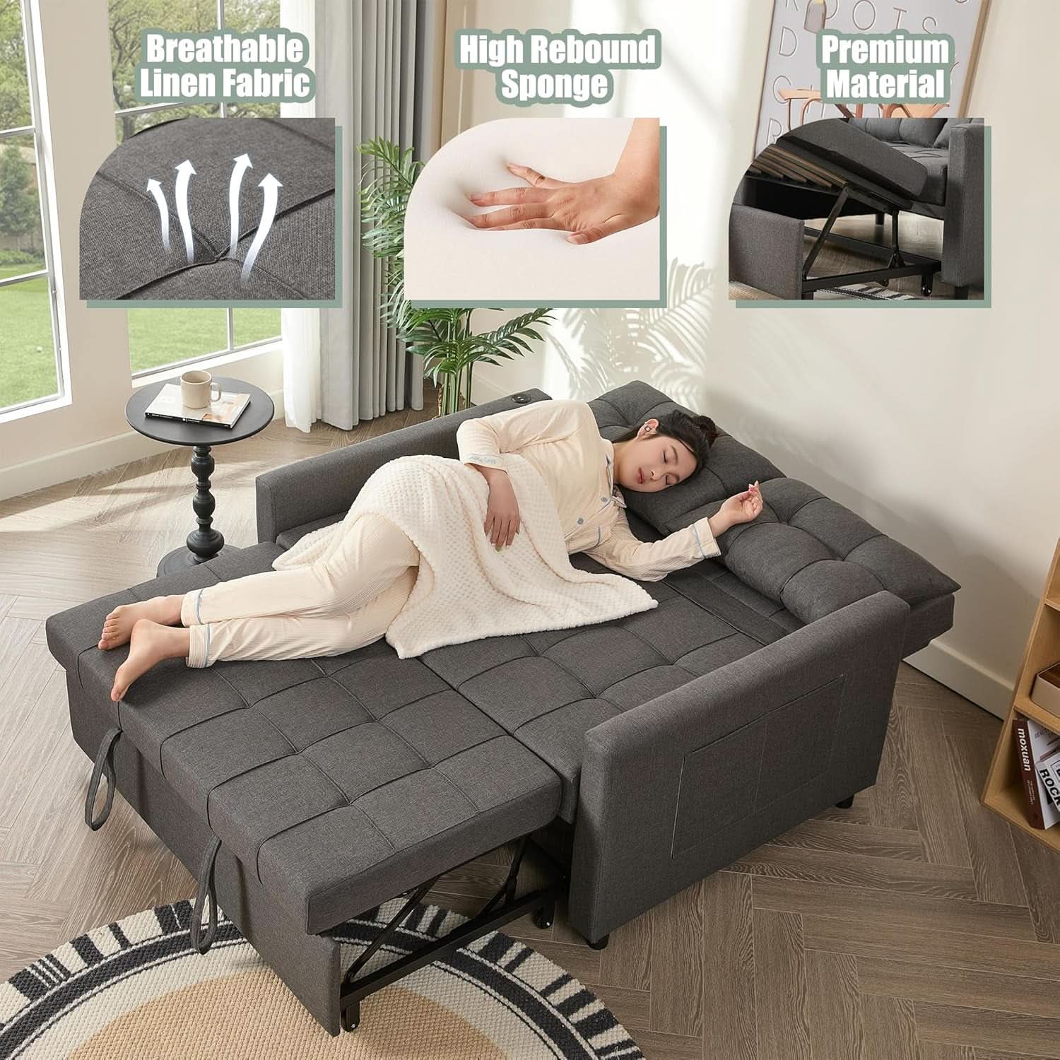 Sofá cama de 52 pulgadas con cama extraíble, tapizado en tela gris