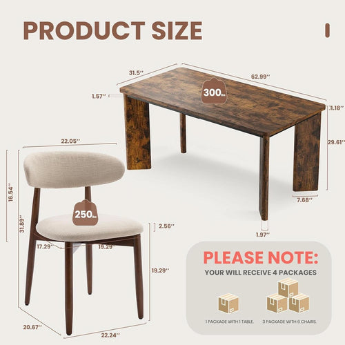 63Inch Industrial Dining Table Set With UpholsteredChairs