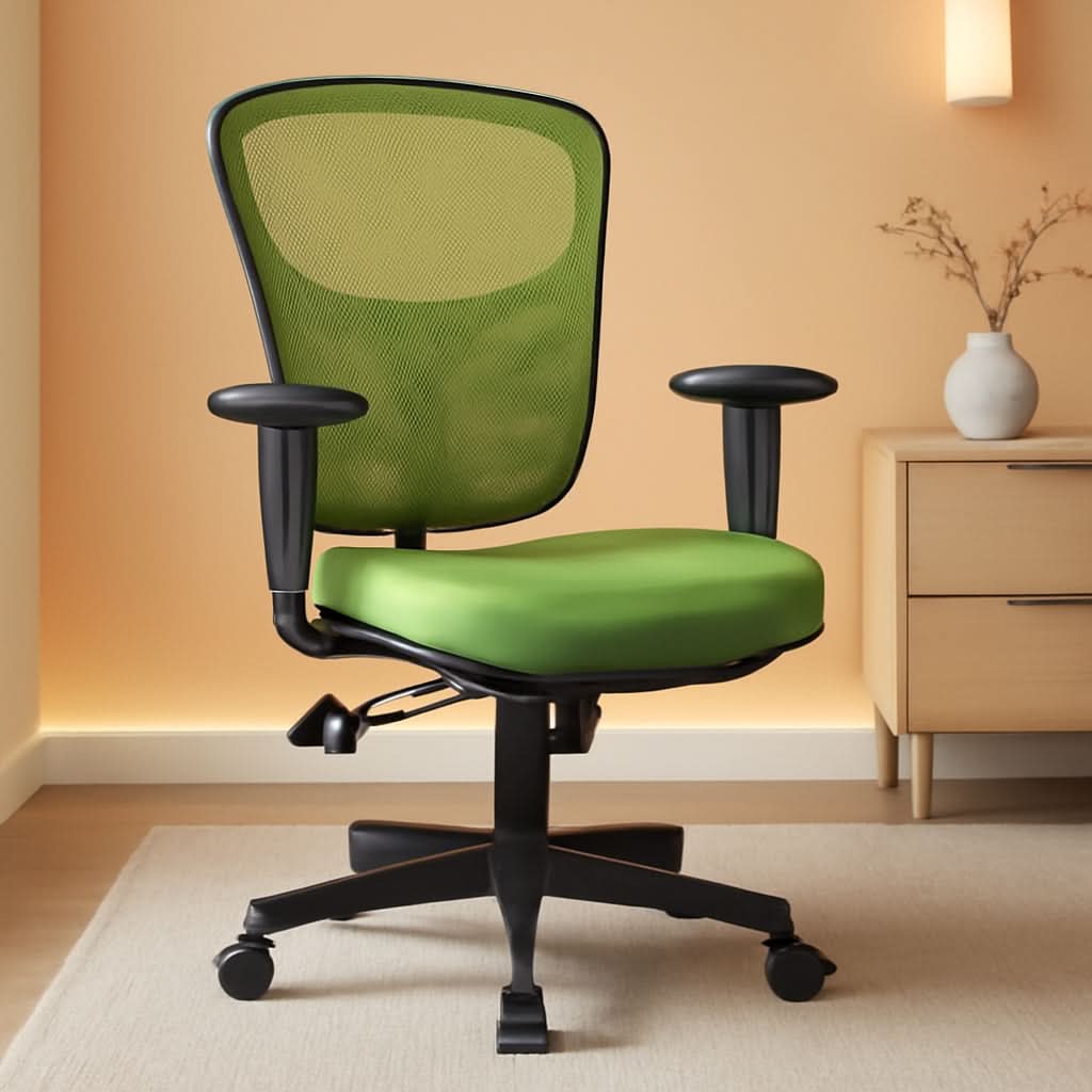 Silla de oficina ergonómica de malla verde articulada para largas horas