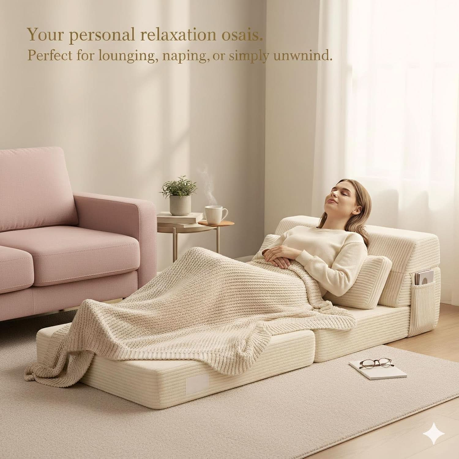 Sofá cama plegable tapizado beige convertible para suelo