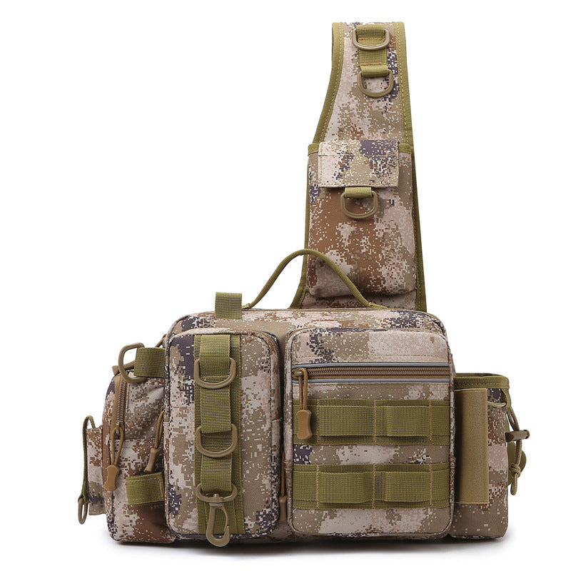 Men's Fishing Backpack with Bait Box & Rod Holder Sling Bag in camouflage design for anglers gear storage.
