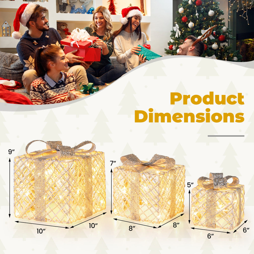 3 Pack Christmas Lighted Gift Box with 50 LED Lights and Detachable Bows