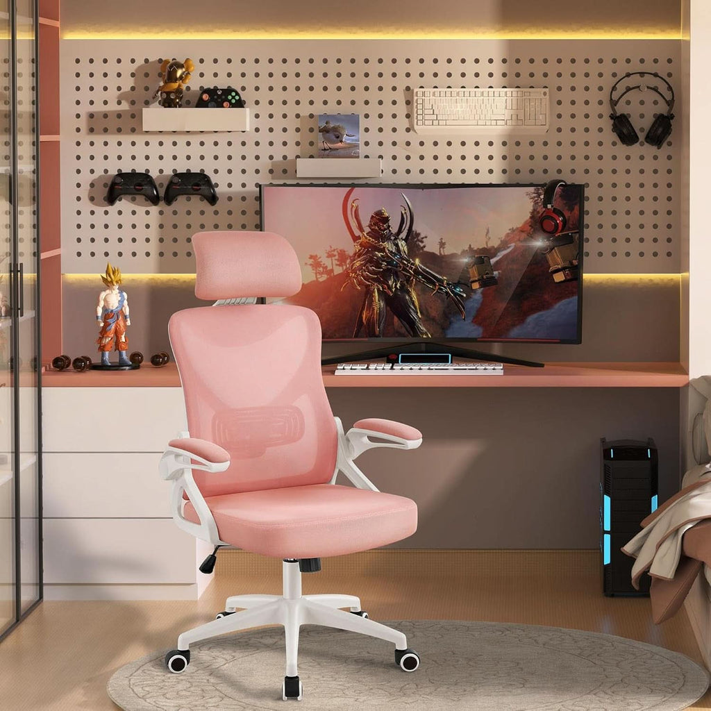 Silla de oficina ergonómica respaldo alto malla blanca rosa lumbar