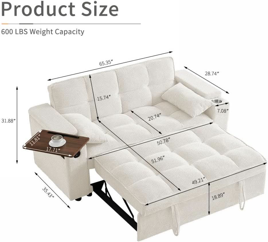 Sofá cama convertible de 65 pulgadas con respaldo ajustable