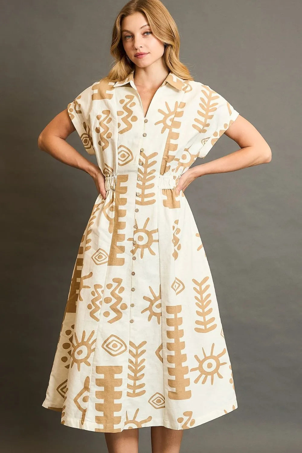 Umgee Full Size Abstract Print Elastic Waist Midi Dress Plus Size