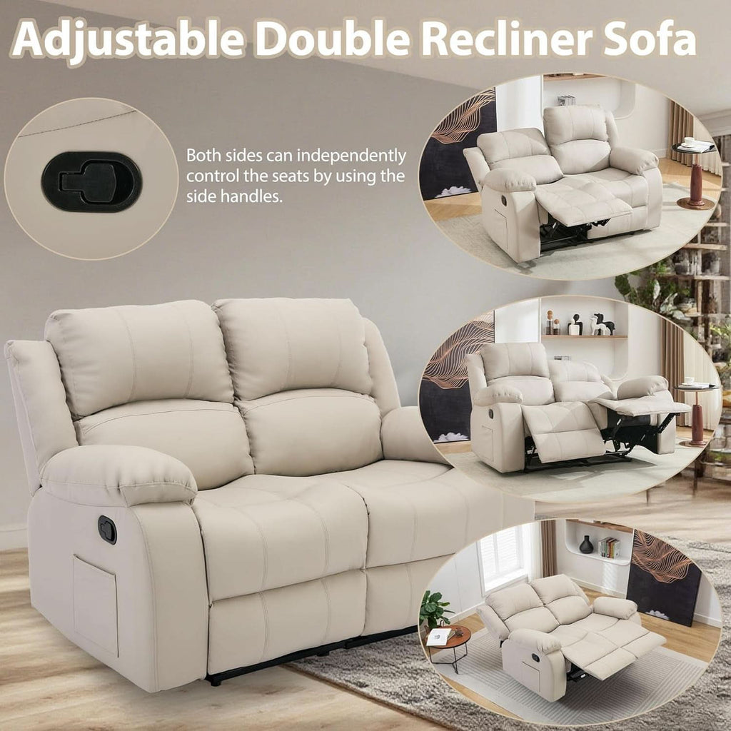 Sofá Reclinable de Cuero Manual de Dos Plazas con Bolsillos