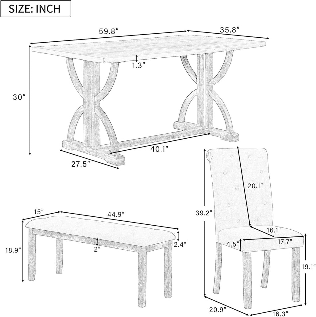 Juego de Comedor Rectangular Industrial de Madera Maciza