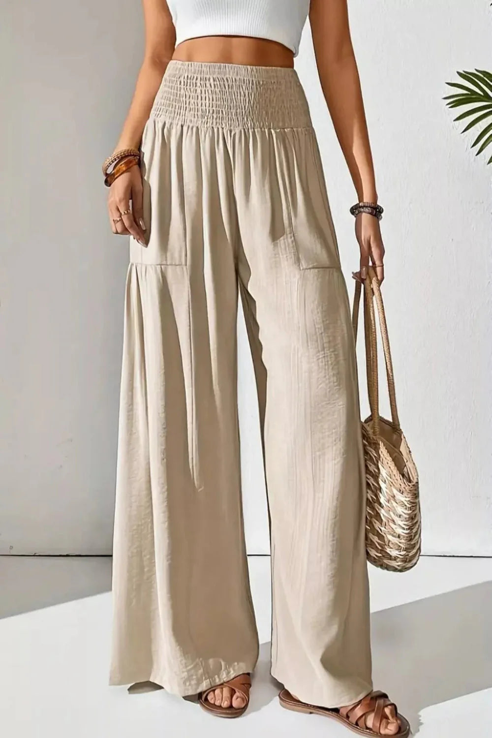 Smocked Waist Wide Leg Pants