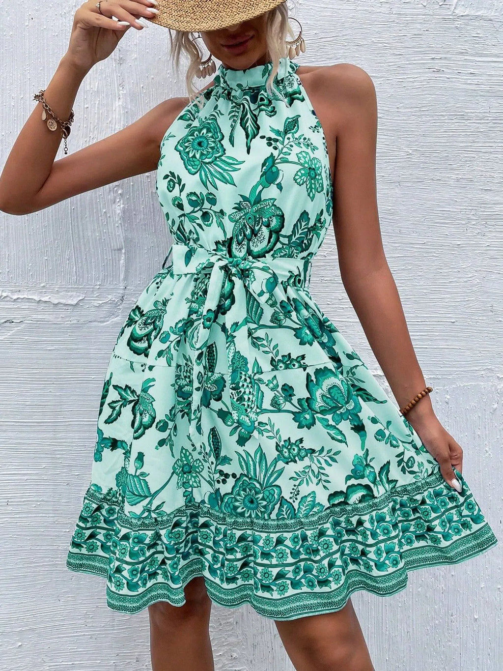 Floral Halter Neck Summer Dress with Belt