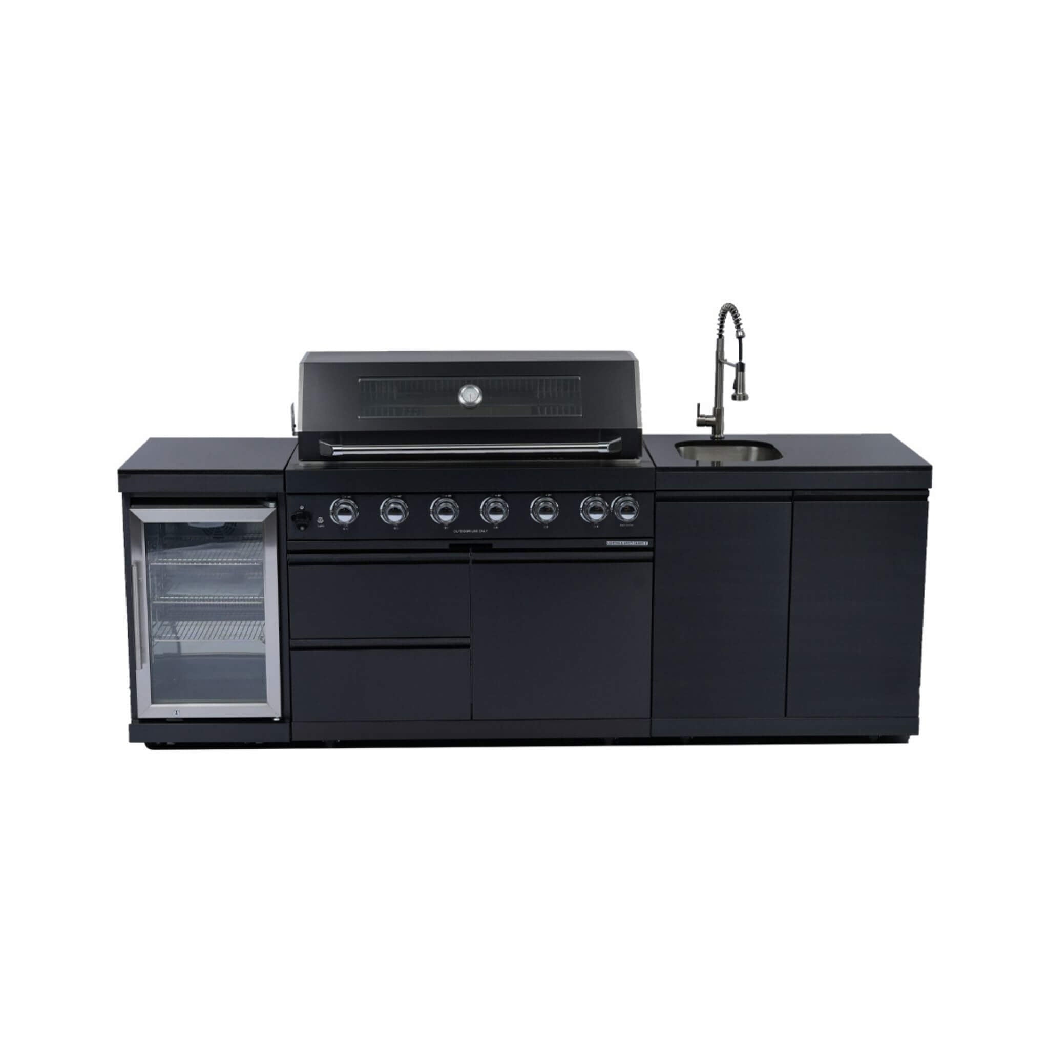 Castelle Flame Belmont Isla de Cocina para Barbacoa de Exterior de Acero Inoxidable con 6 Quemadores de 85.000 BTU y 43 Pulgadas con Nevera para Vinos, Asador y Fregadero (SAK19476)