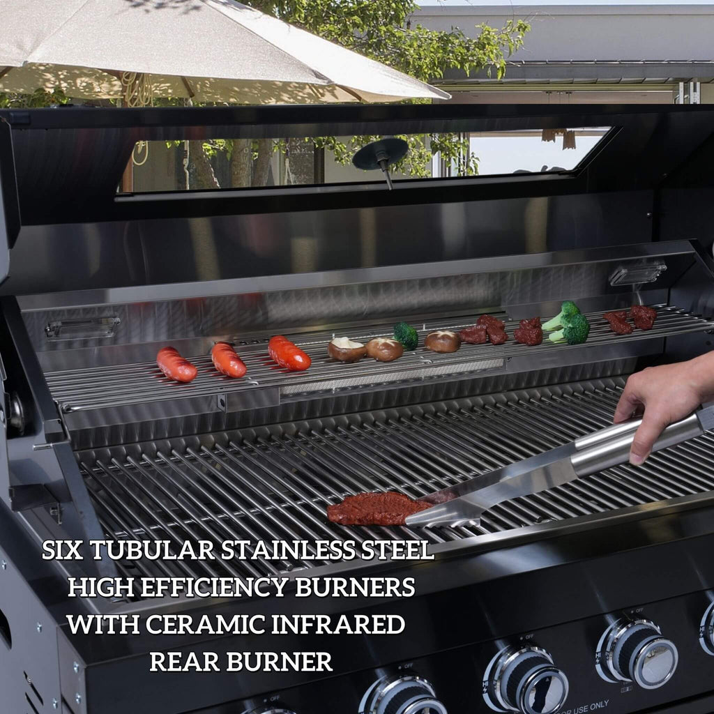 Castelle Flame Belmont 43-Inch 6-Burner 85K BTU Stainless Steel Outdoor BBQ Kitchen Grill Island With Wine Cooler, Rotisserie, And Sink (SAK19476)