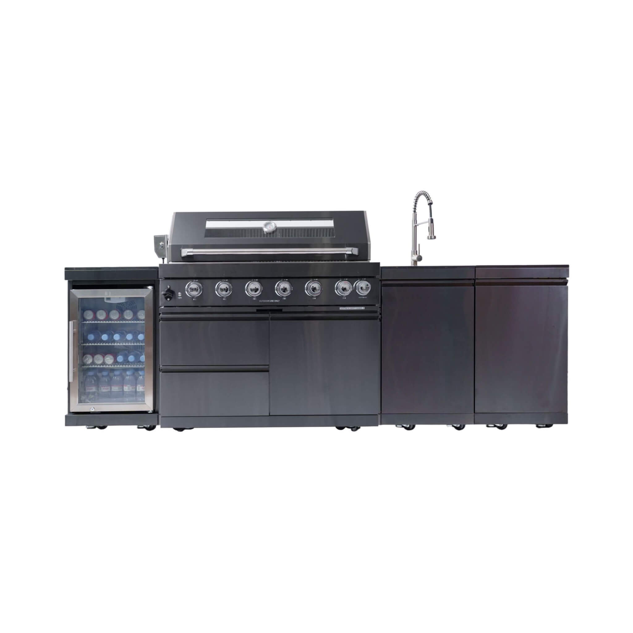 Castelle Flame Belmont Isla de Cocina para Barbacoa de Exterior de Acero Inoxidable con 6 Quemadores de 85.000 BTU y 43 Pulgadas con Nevera para Vinos, Asador y Fregadero (SAK19476)