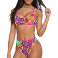 Top deportivo y bañador bikini de cintura alta con estampado "Explosión de Plasma Retro Psicodélico" / Conjunto de fiesta rave