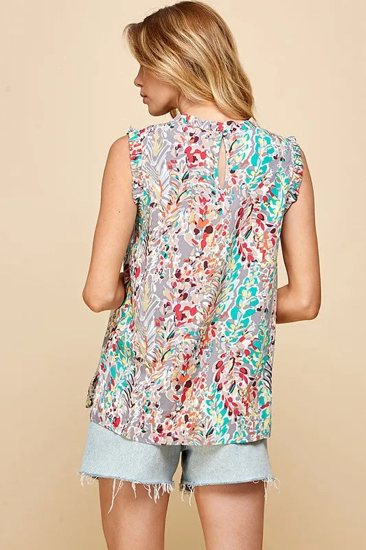 Lime 'N' Chili Full Size Graphic Print Ruffle Trim Mock Neck Sleeveless Top Plus Size