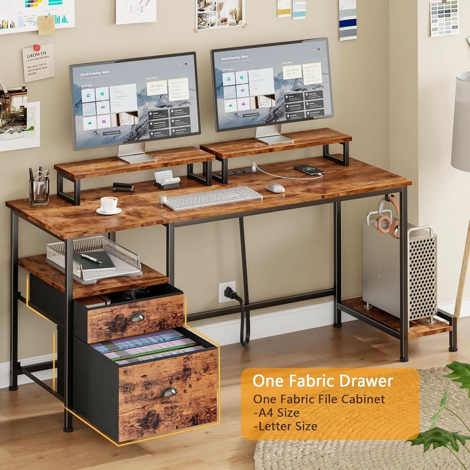 47 Inch Computer Desk With Power Outlets Monitor Stands
