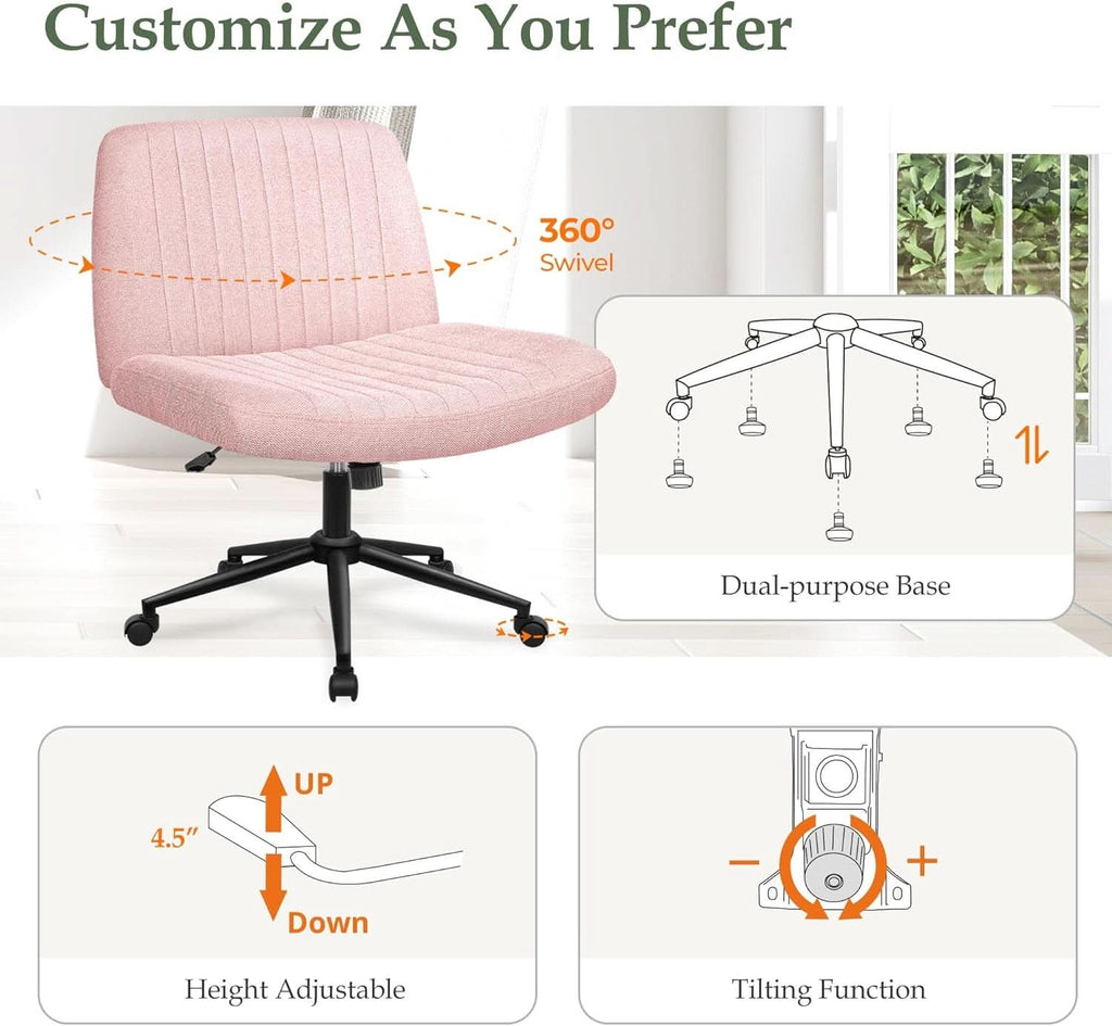 Silla de oficina rosa con ruedas, sin brazos, giratoria, con diseño entrecruzado