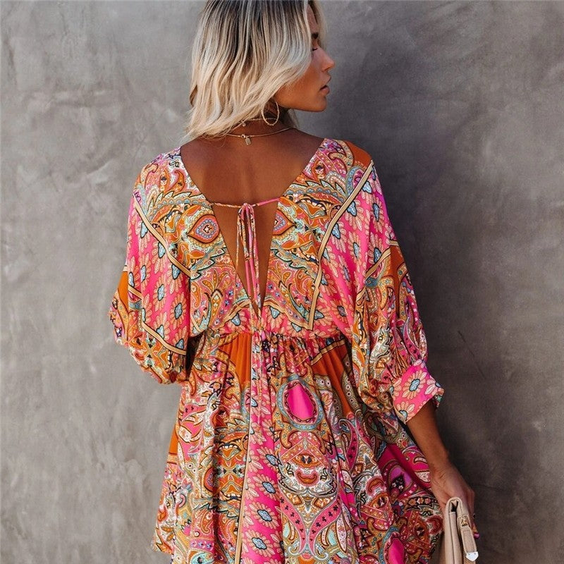 Stylish V-Neck Belted Print Dress