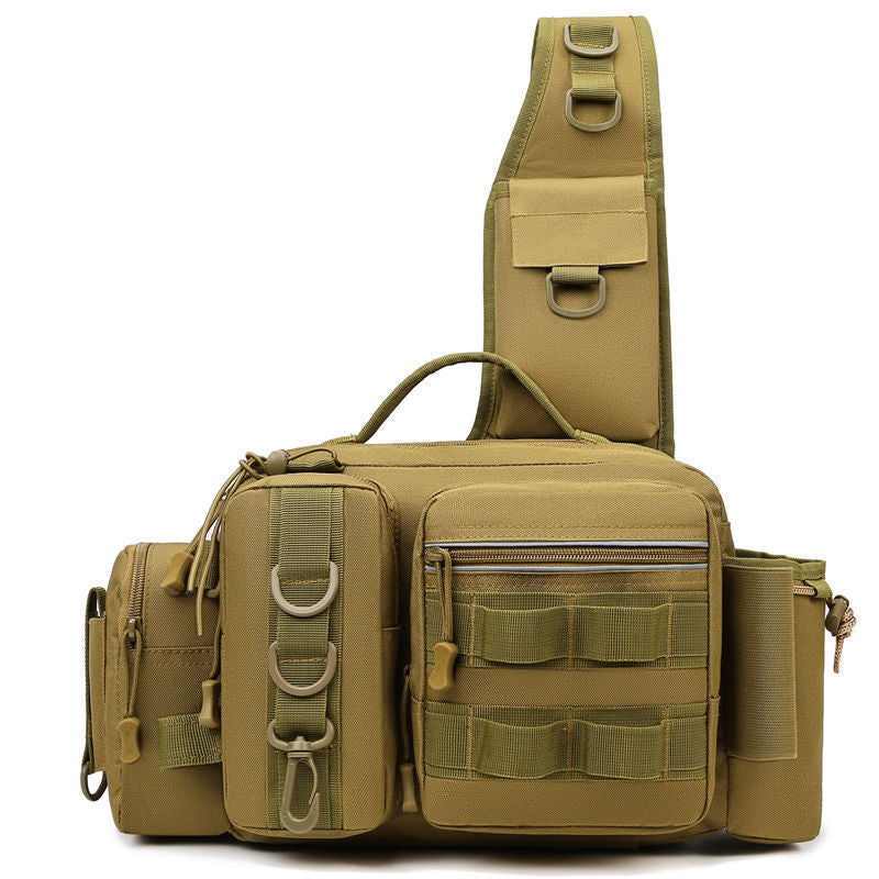 Men's Fishing Backpack with Bait Box & Rod Holder Sling Bag in durable olive green fabric with multiple pockets.