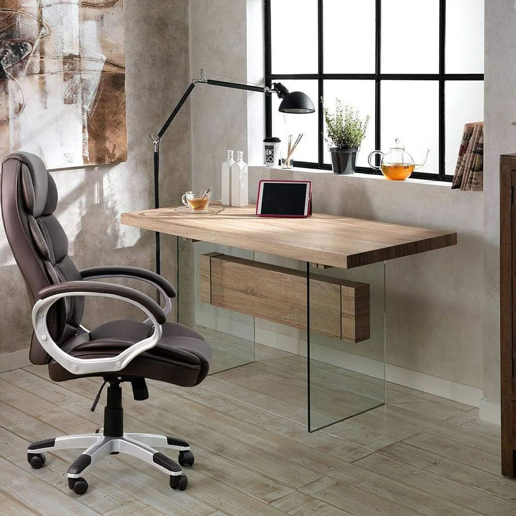 Sillón de oficina ergonómico con respaldo alto, lumbar, de cuero sintético marrón