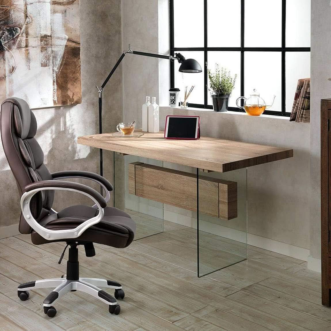 Sillón de oficina ergonómico con respaldo alto, lumbar, de cuero sintético marrón