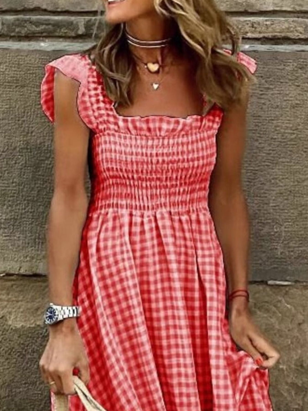 Kariertes Maxikleid mit Rüschenärmeln