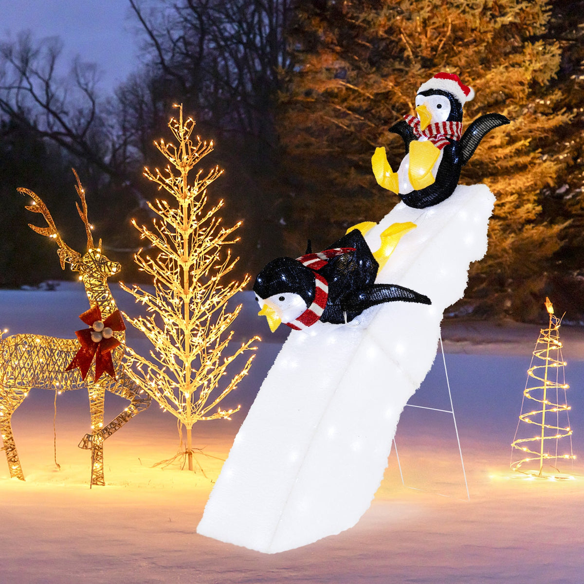 4 Feet Christmas Penguin Ice Skating Decor with Snowy Slide