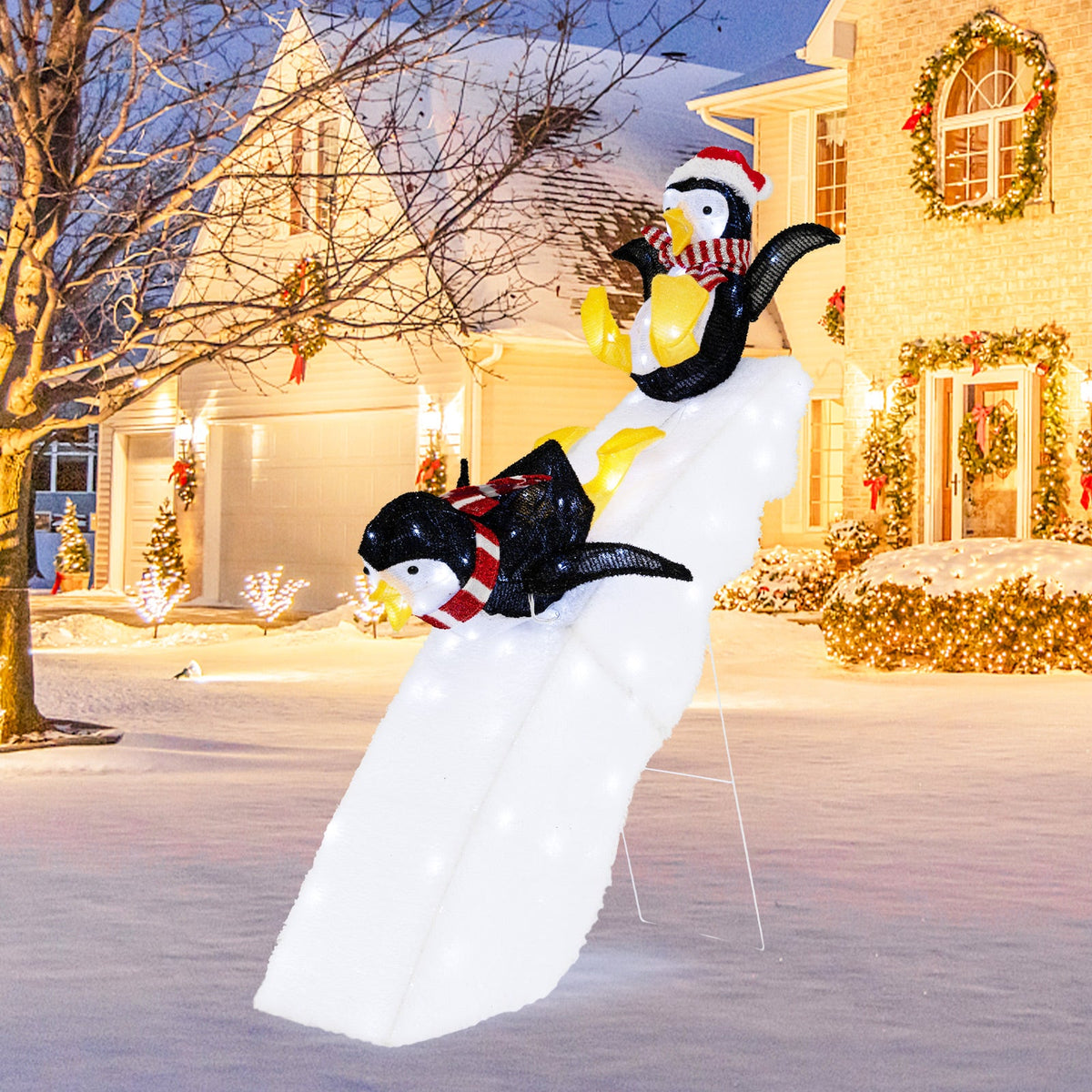 4 Feet Christmas Penguin Ice Skating Decor with Snowy Slide