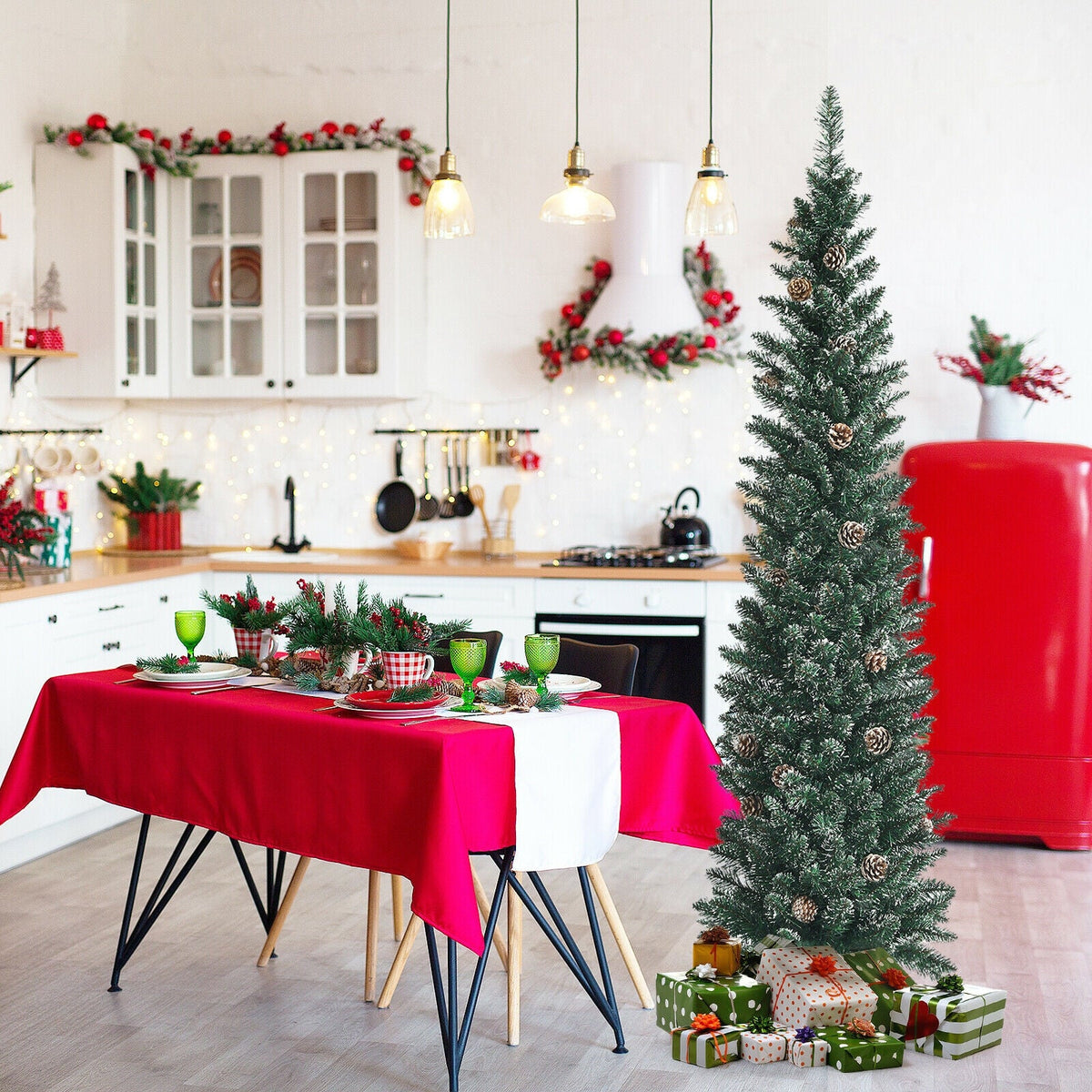 Snowy Artificial Pencil Christmas Tree with Pine Cones