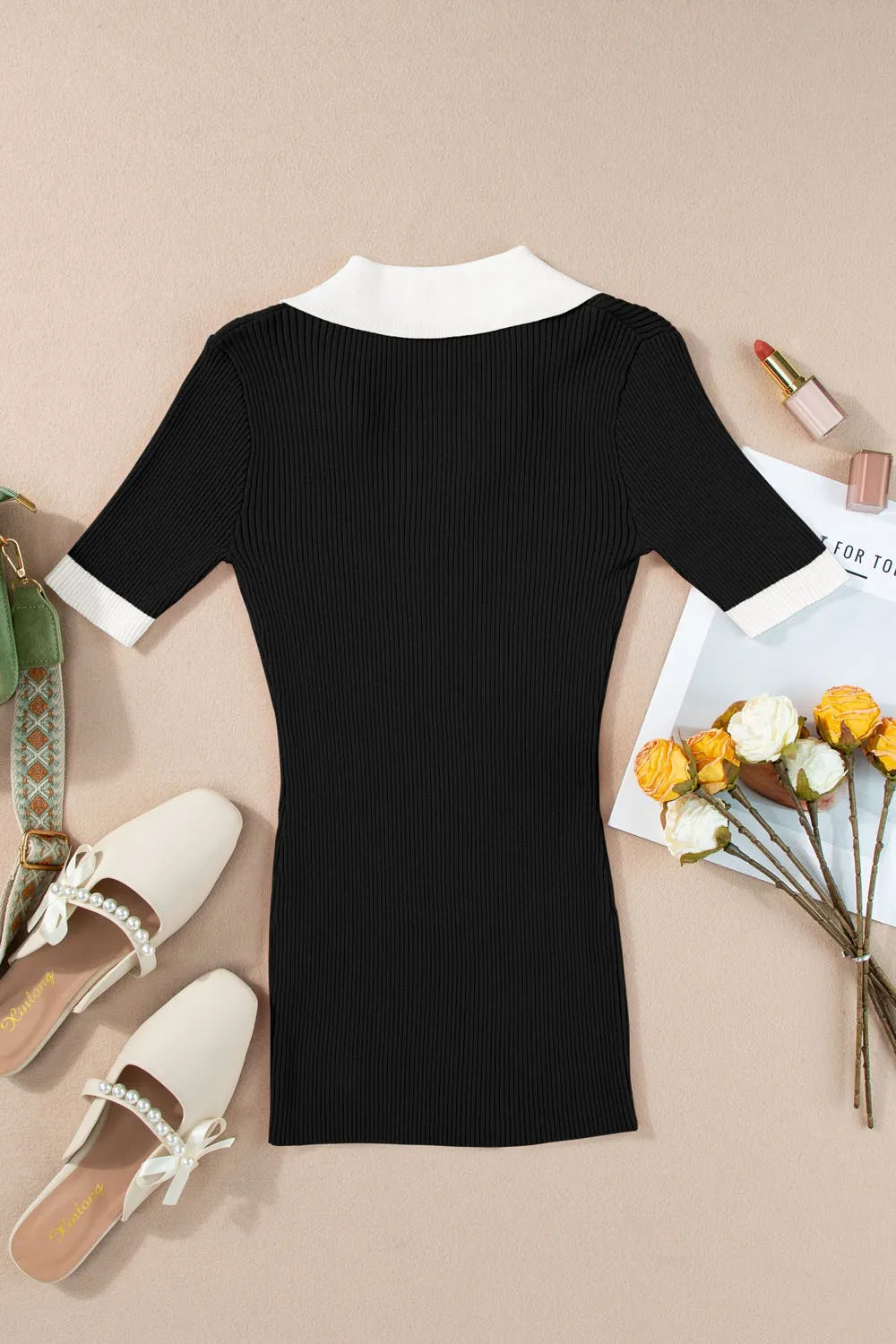Contrast Collared Neck Ribbed Knit Top