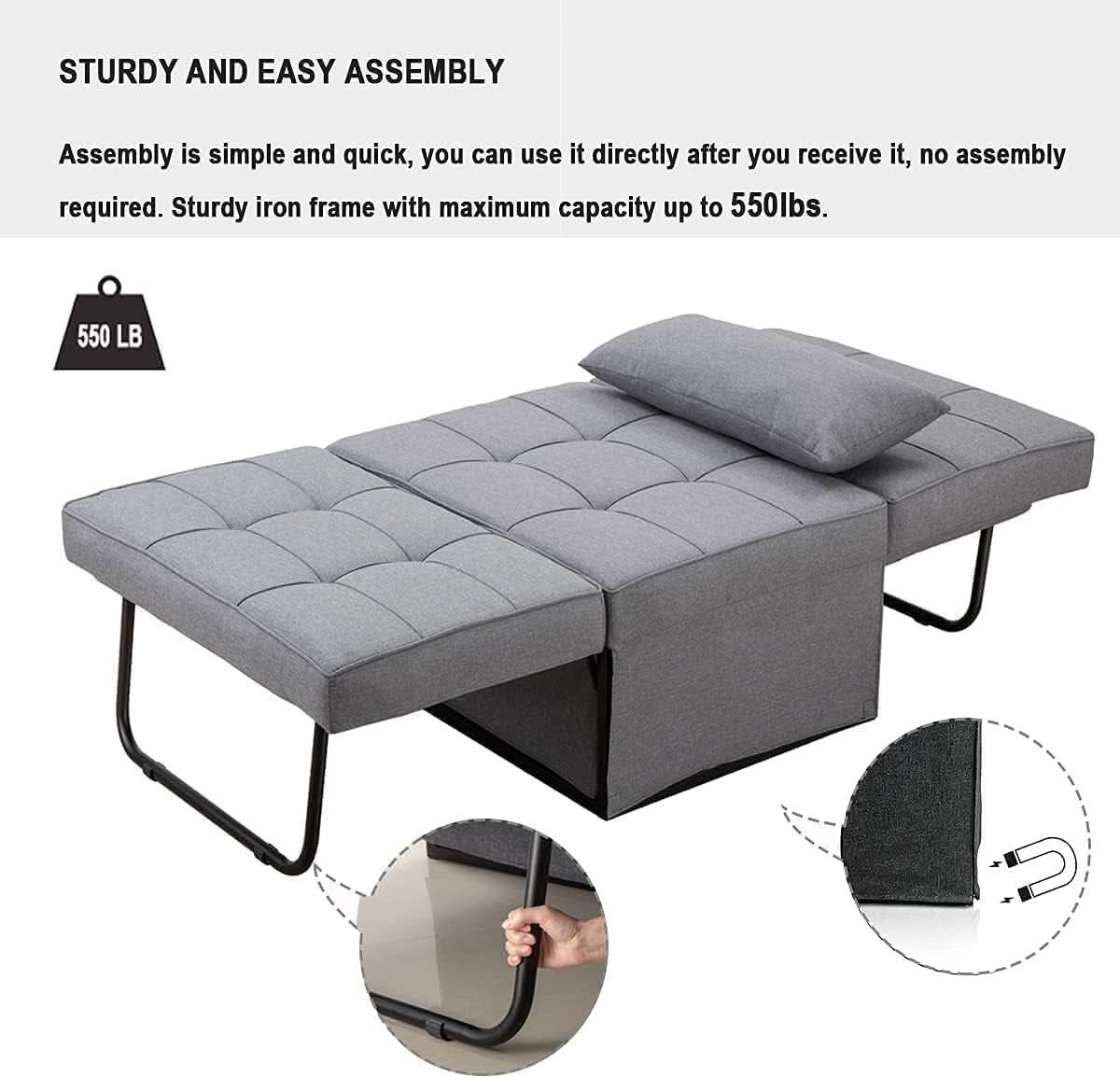Sofá cama convertible otoman de diseño contemporáneo gris claro