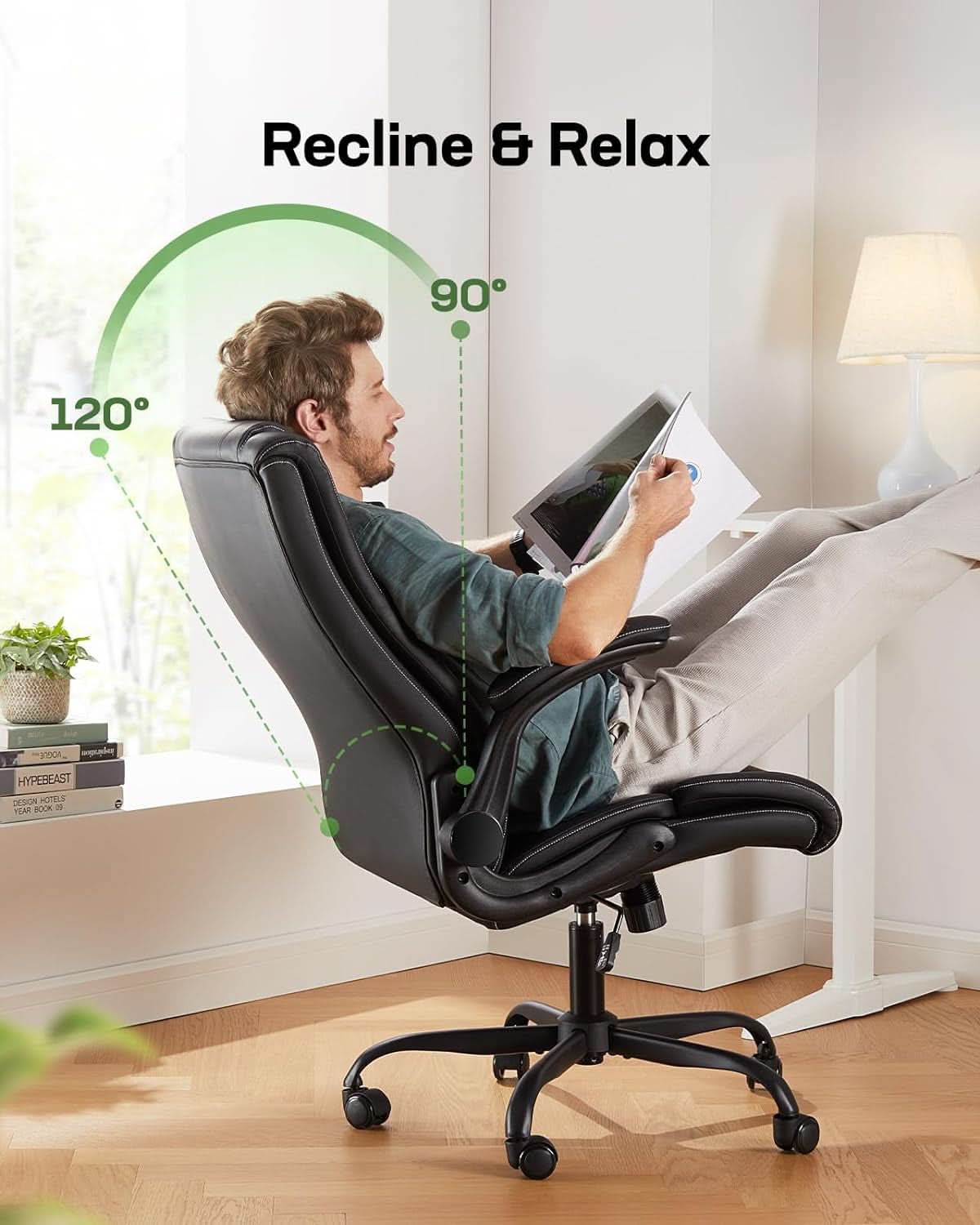 Silla de oficina ejecutiva con reposabrazos abatibles de piel sintética negra