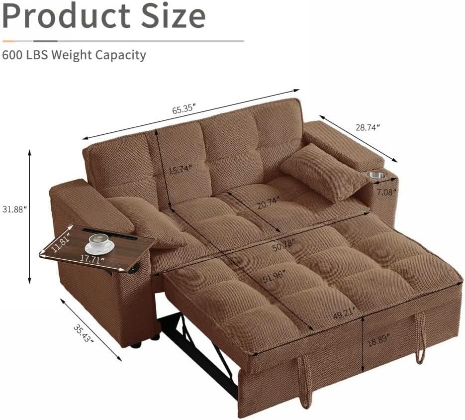 Sofá Cama Convertible Duradero de 65 Pulgadas Marrón Chocolate