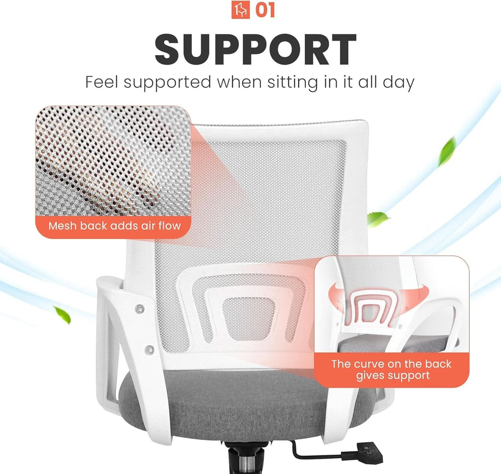 Silla de oficina ergonómica gris con respaldo de malla y soporte lumbar