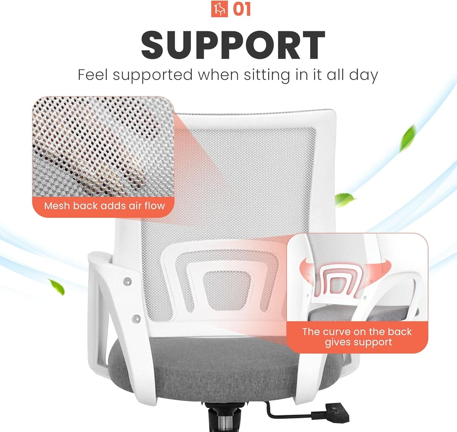 Silla de oficina ergonómica gris con respaldo de malla y soporte lumbar