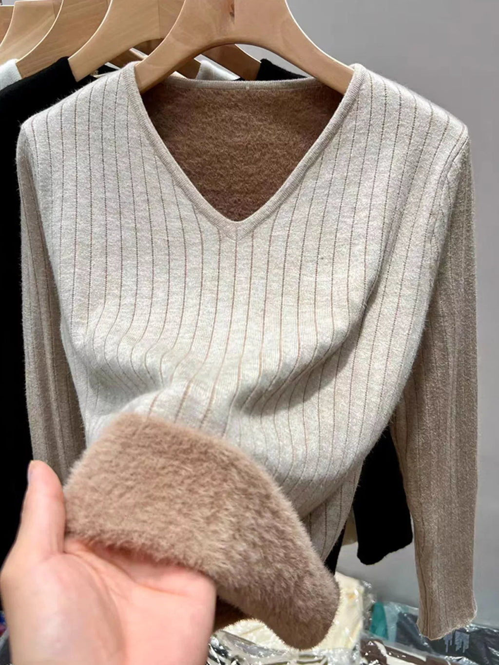 V-Neck Fleece Lined Ribbed Knit Top