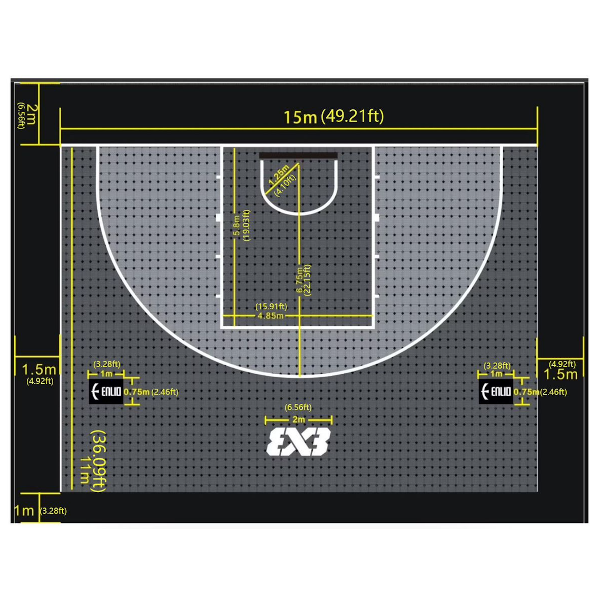 Cancha oficial de baloncesto 3x3 Enlio de EE. UU. – Certificada por la FIBA – 25' x 25' – Kit Club