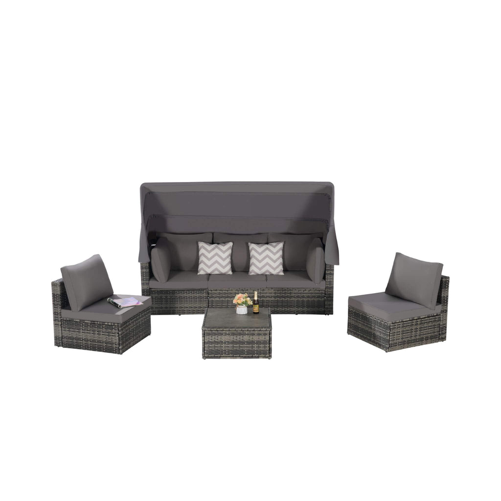 Conjunto de muebles de mimbre Alora de 5 piezas para patio exterior con cama de día y dosel retráctil (SAK37816)