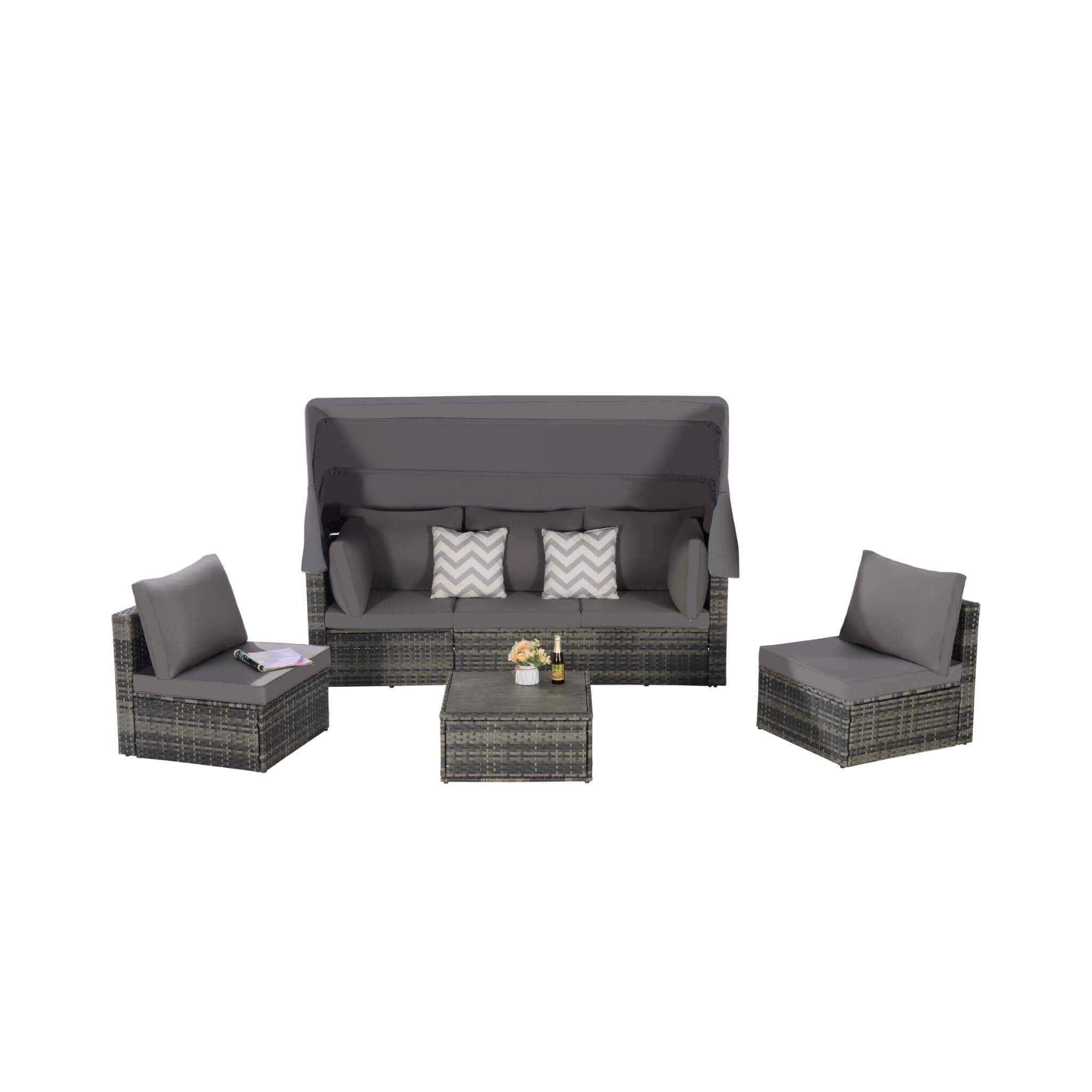 Conjunto de muebles de mimbre Alora de 5 piezas para patio exterior con cama de día y dosel retráctil (SAK37816)