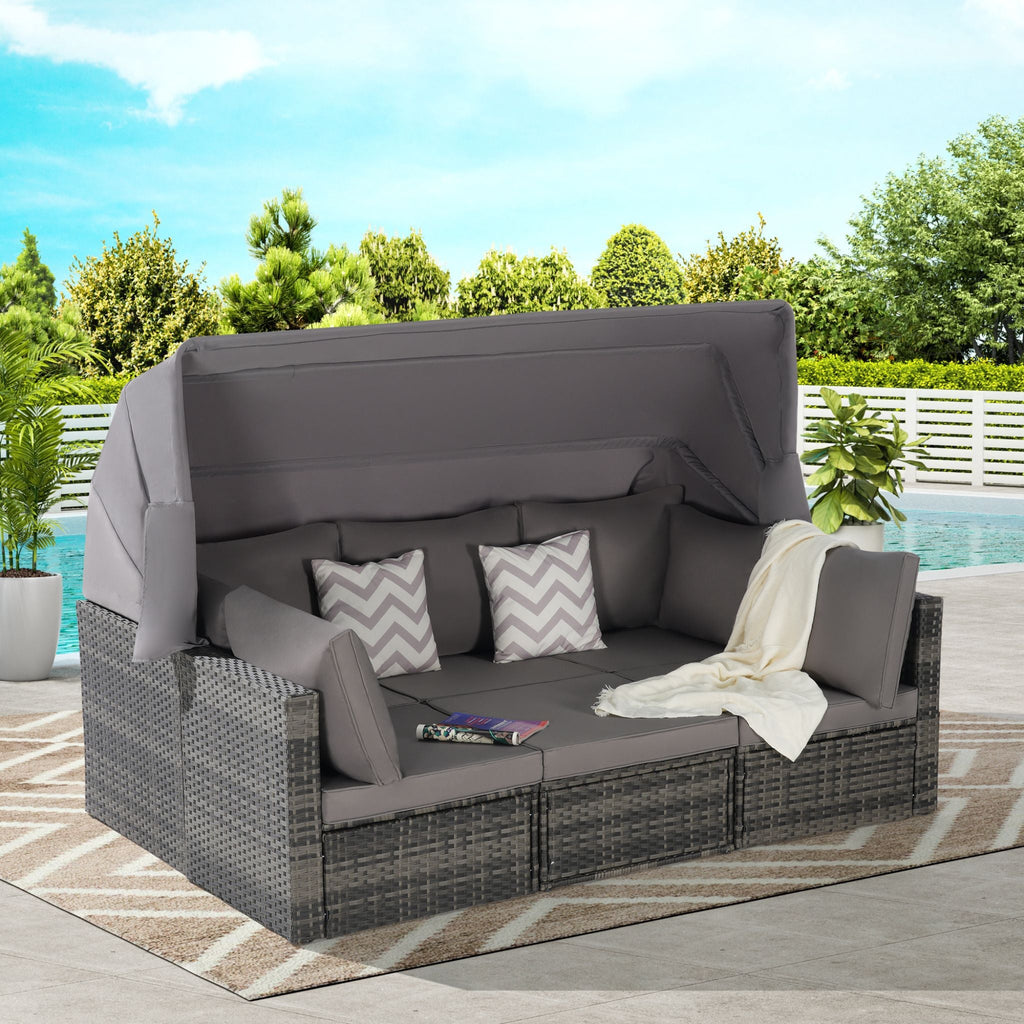 Conjunto de muebles de mimbre Alora de 5 piezas para patio exterior con cama de día y dosel retráctil (SAK37816)