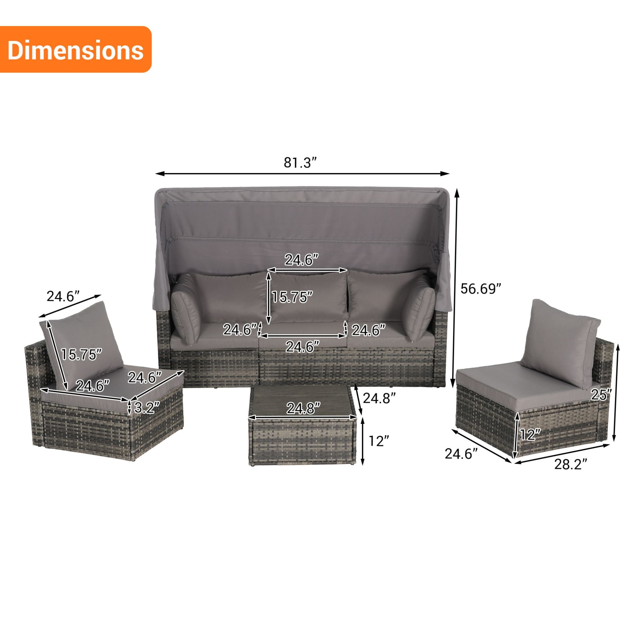 Conjunto de muebles de mimbre Alora de 5 piezas para patio exterior con cama de día y dosel retráctil (SAK37816)
