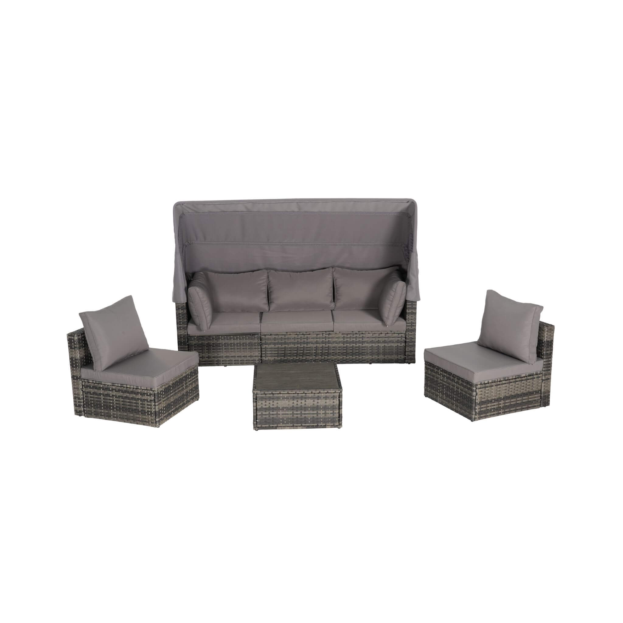 Conjunto de muebles de mimbre Alora de 5 piezas para patio exterior con cama de día y dosel retráctil (SAK37816)