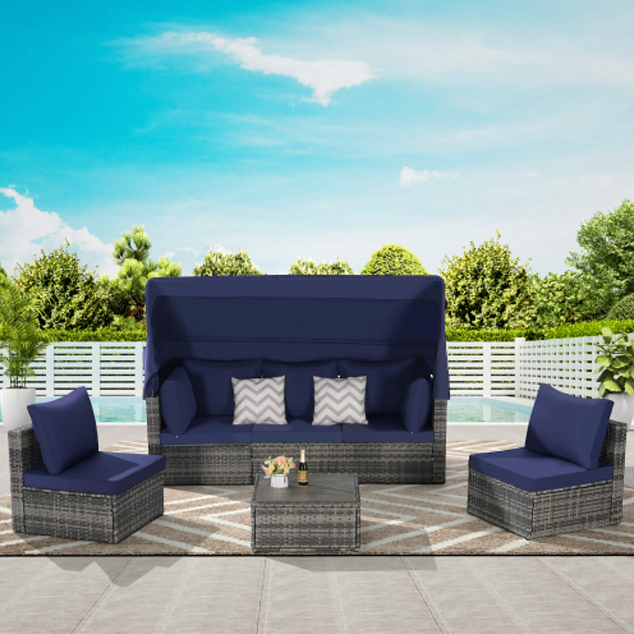 Conjunto de muebles de mimbre Alora de 5 piezas para patio exterior con cama de día y dosel retráctil (SAK37816)