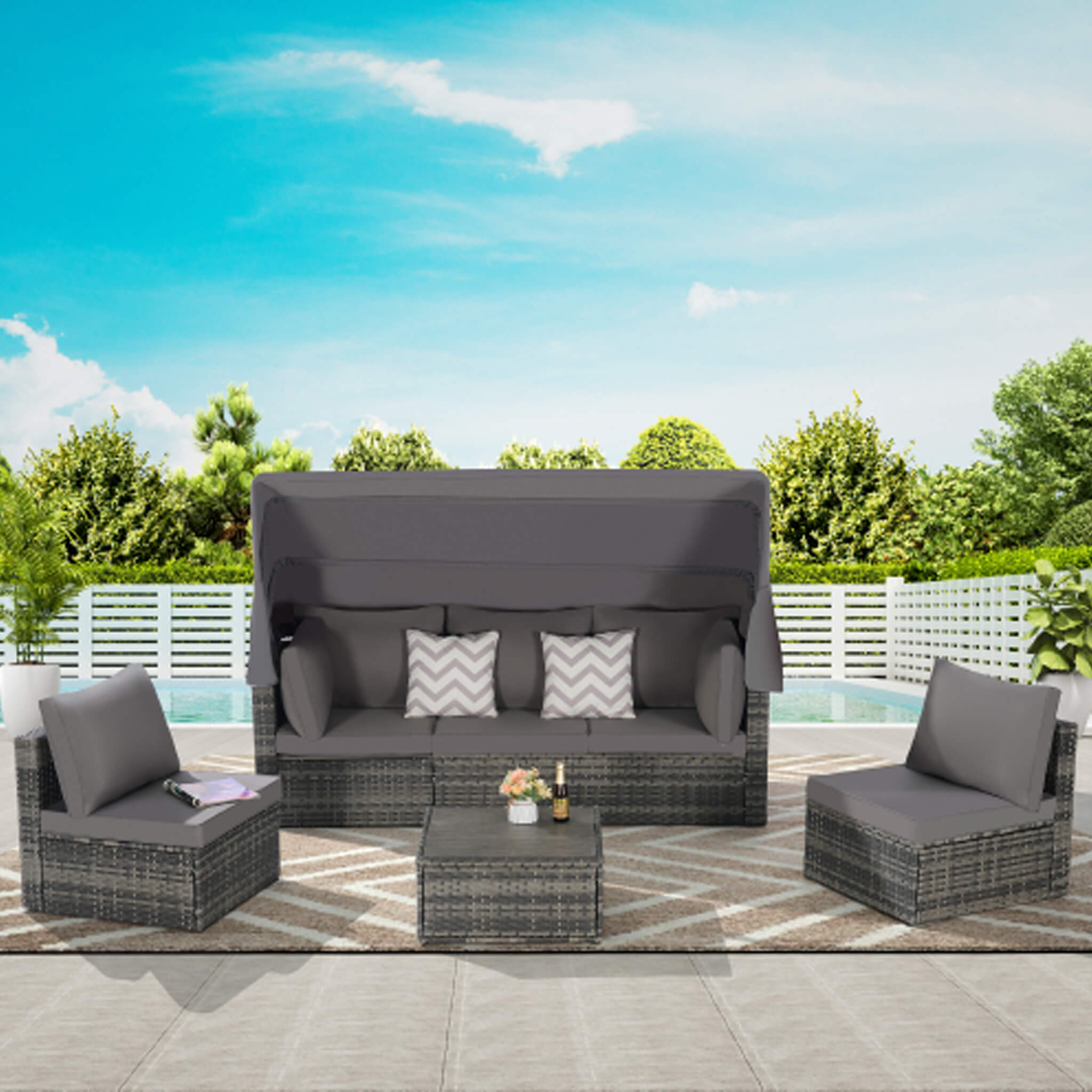 Conjunto de muebles de mimbre Alora de 5 piezas para patio exterior con cama de día y dosel retráctil (SAK37816)