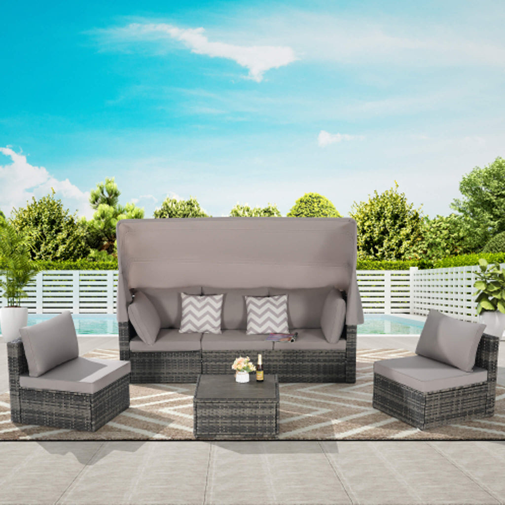 Conjunto de muebles de mimbre Alora de 5 piezas para patio exterior con cama de día y dosel retráctil (SAK37816)