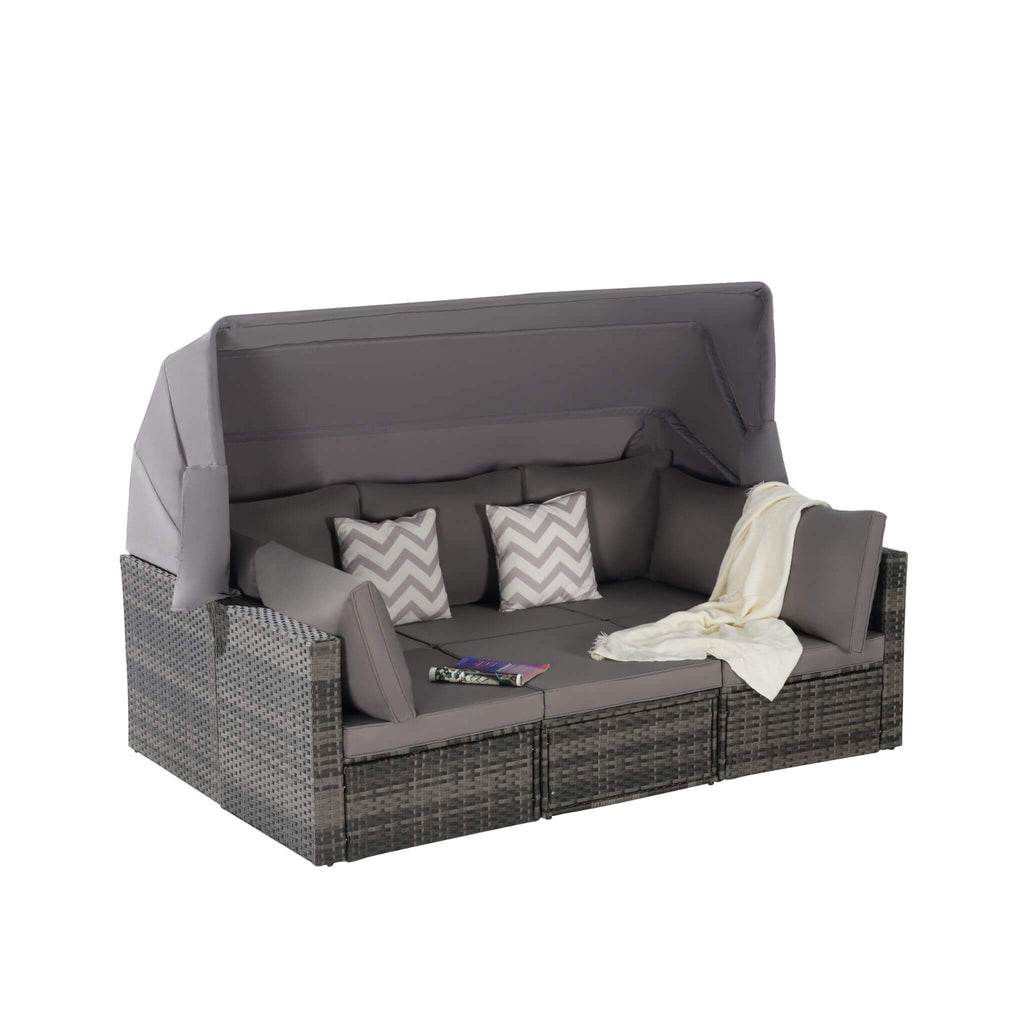 Conjunto de muebles de mimbre Alora de 5 piezas para patio exterior con cama de día y dosel retráctil (SAK37816)