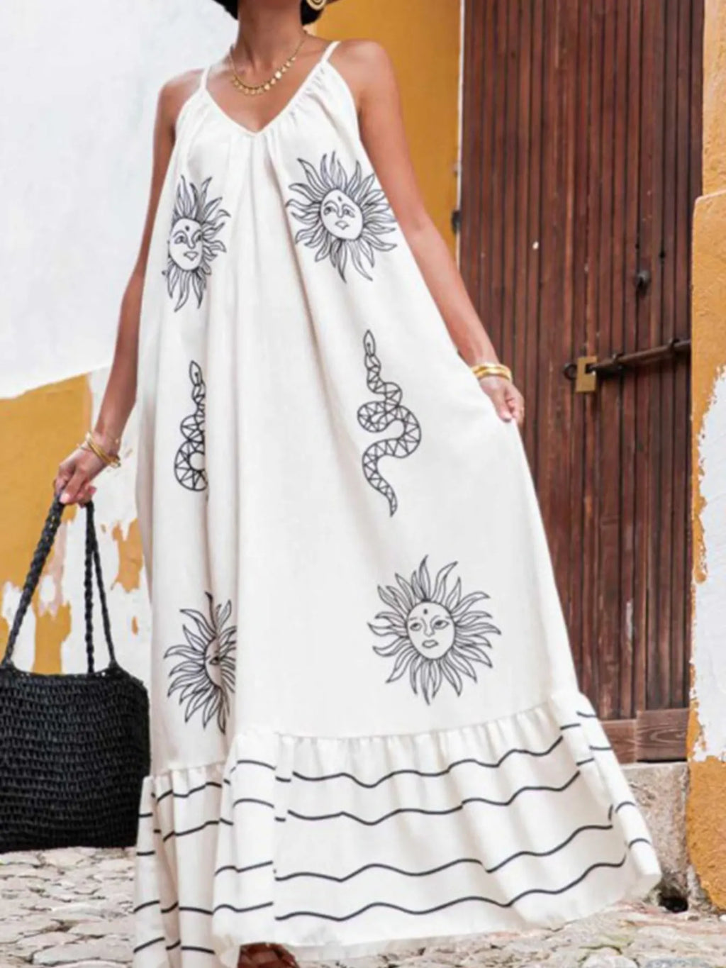 Bedrucktes sommerliches Maxikleid mit V-Ausschnitt